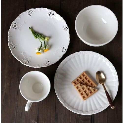 Milky White Embossed Scroll Lace Plate/Fan Texture Plate/Flowers Embossed Bowl