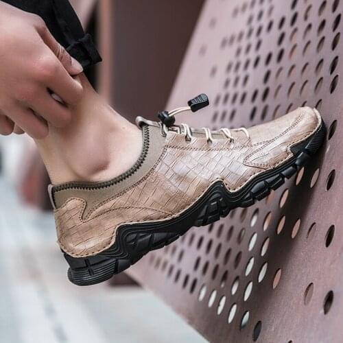 Mens large size leather mens shoes Outdoor fashion sports mens shoes Hot sale lace-up crocodile pattern casual leather shoes