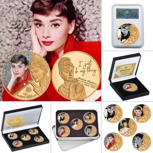 Movie Star Audrey Hepburn Gold Plated Commemorative Coin Set In Coin Holder Fashion Icon Challenge Coin Collectible Gift for Her