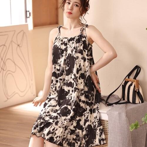 New Summer Nightdress Women Knitted Sleeveless Print Cute Sexy Strap Home Dressing Gown Long Sleepdress Thin Nightgown Plus Size