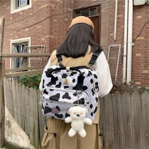 New Lovely Cow Spotted Women Backpack Female Suede Multi-function Travel Bag Transparent Front Pocket Small Schoolbag 2021 New