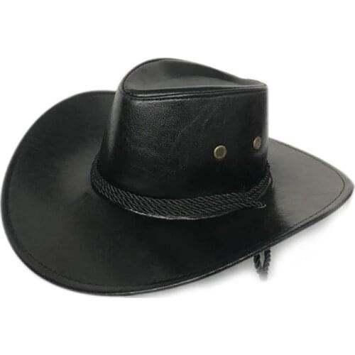 Large Brim Faux Leather Cowboy Hat Mens Vintage Felt Wide Brim Bucket Hats Man For Men Women Fedora Swanowing