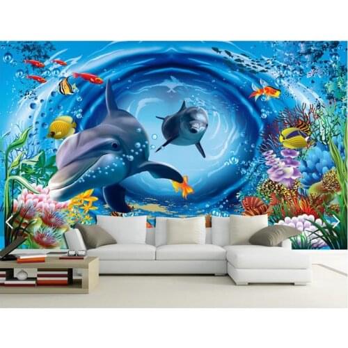 Custom photo wallpaper 3d wall murals wallpaper 3D Underwater World Dolphin Cartoon Childrens Room Background Wall Painting