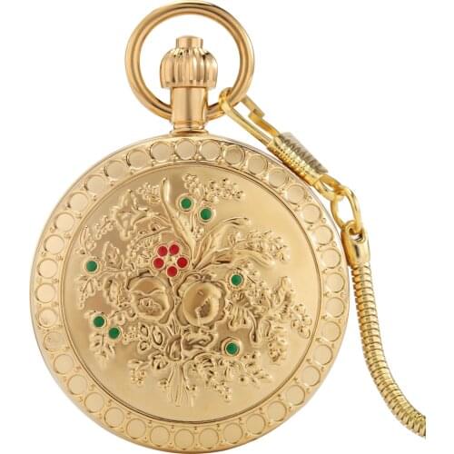 Luxurious Automatic Mechanical Pocket Watch Golden Flip Carved Flower Design Arabic Numerals Watch Face Mens Womens Clock