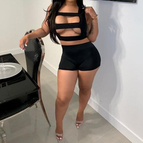 OMSJ Sexy Hole Sheer Two Piece Set Club Outfits for Women Tracksuit Straps Square Collar Tank Top + Bandage Shorts Casual Suits