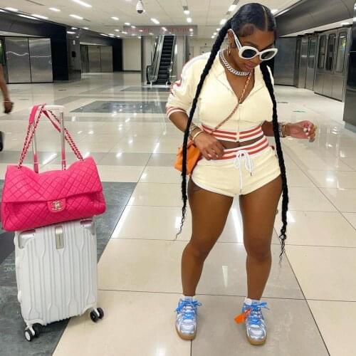 Stripe Patchwork Tracksuit Outfit Zipper Front Hoodie Long Sleeve Top Sexy Active Workout Mini Shorts Pants Jogger Running Sets