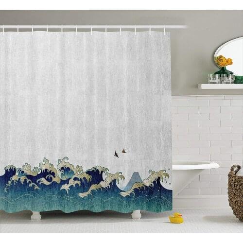 Japanese Wave Shower Curtain, Aquatic Swirls Flying Birds of Ocean Ukiyo-e Style Artwork Grunge Print