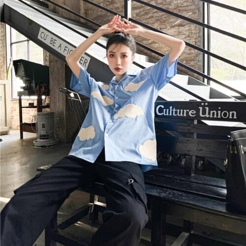 Harajuku Clouds Embroidery Women‘S Blouse 2021 Summer Short Sleeve Oversized Blue Shirts Korean Style Casual Fashion Top 1327