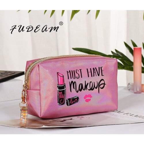 FUDEAM Leather Lipstick Pattern Women Cosmetic Bag Toiletries Organize Storage Portable Make Up Bag Female Waterproof Wash Bag