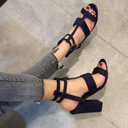 Summer Women High-heeled Sandals 2021 Fashion Peep Toe Thick Heel ElastiCfabric Black Hollow Out Gladiator Roman Large Size Hot