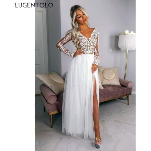Long Sleeve Dress Women Slim Sexy V-neck Lace Chiffon Party Dresses Lady Mesh Empire Big Swing White Long Dress Lugentolo