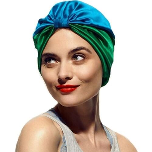 1Pcs New Hair Cap For Sleeping Night Hat Contrast Color Knotted Chemotherapy Haircaring Stretch Imitation Silk Turban