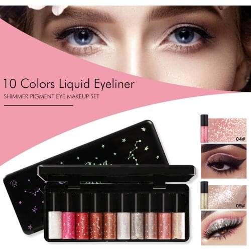 10 Colors Diamond Shining Liquid Eyeliner Pearlescent Eye Shadow Liquid Monochrome Long Lasting Cosmetics Makeup Set