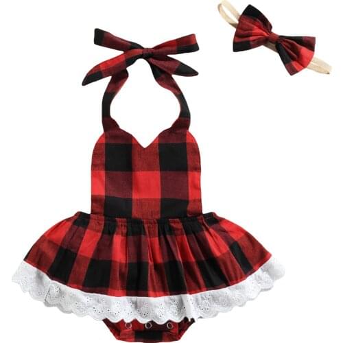 2 Pcs Newborn Christmas Outfits, Baby Girls Tie-up Lace Trim Plaid Halter Romper + Headband with Bowknot