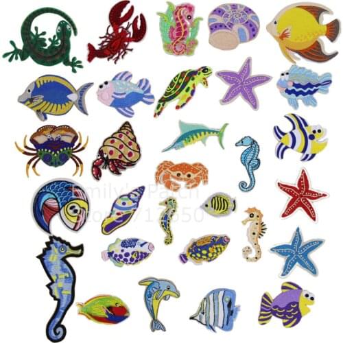 Free Shipping 10 pcs Lobster marine sea animals fish crab Patch Embroidered cartoon patch iron on Motif Applique DIY accessory