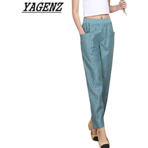 2021 Summer Women Linen Harem Pants Middle-aged Lady Elastic Waist Loose Casual Pants Plus Size 4XL Pocket Thin Female Trousers