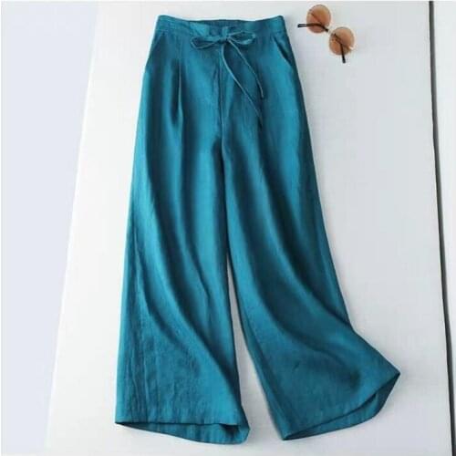 Spring Summer Casual Womens Stretchy High Waisted White Blue Wide Leg Cotton Linen Pants , Women 4xl Loose Trousers