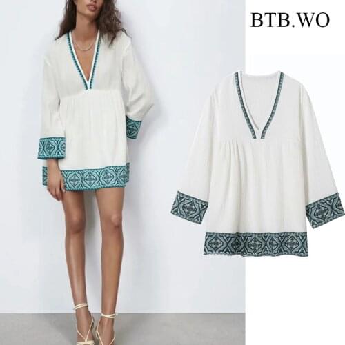 BTB.WO Women Za 2021 Chic Fashion Patchwork Embroidery Mini Dress Vintage V Neck Loose Female Dresses Vestidos Mujer