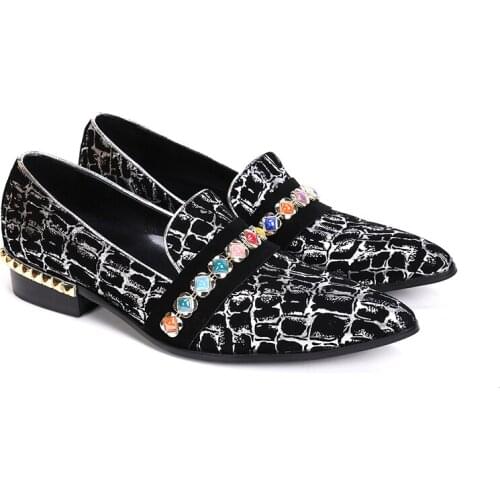 Christia Bella Male Rhinestone Loafers Shoes Fashion Mens Pointed Toe Large Size Flats Shoes Man Party Genuine Leather Shoes