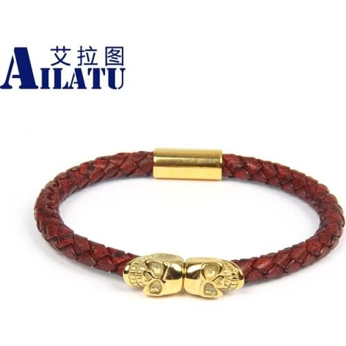 Stainless Steel Twins Double Skull Bracelet 6mm Genuine Cowhide leather Magnet Jewelry Luxury Mens Gift Drop Shipping