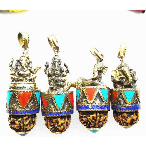 Indian Ganesh Amulet Pendants Pocket Buddha Brass Golden Handicrafts Capped Rudraksha Bodhi Beads TBP661