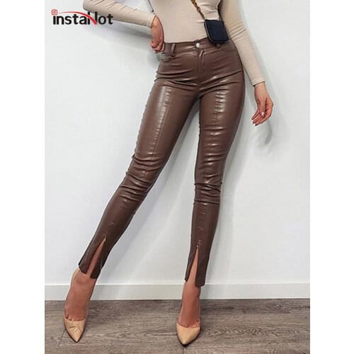 InstaHot Casual Split Women Pant High Waist Zipper Skinny Faux Leather Pants Trousers Autumn Streetwear Female Office Lady Pant