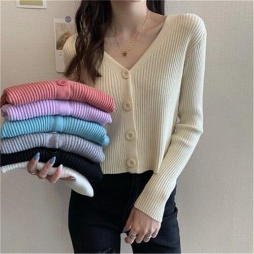 Women Cardigan Sweater Single Breasted Solid Crop Top V-Neck Females Leisure Chic Elegant Trendy Sweet Simple Design Outwear New