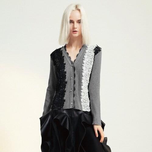 Women Autumn Winter Elegant Sexy V Neck Lace Cardigan Sweater Female Long Sleeve Patchwork Knitted Coat Top Slim Sweaters