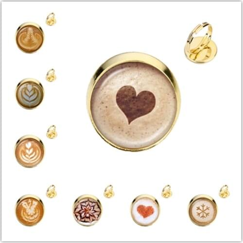Coffee Latte Chocolate Printing Love Heart Art Rings Carving Flower Clover Cat Charm Glass Cabochon Jewelry For Women Girls Kids