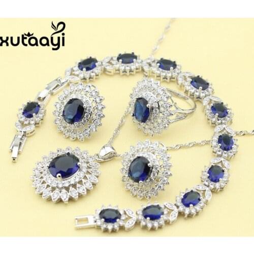 Fashion Silver Jewelry Sets For Women Dark Blue Cubic Zirconia White CZ Fancy Wedding Necklace Rings Earrings Bracelet
