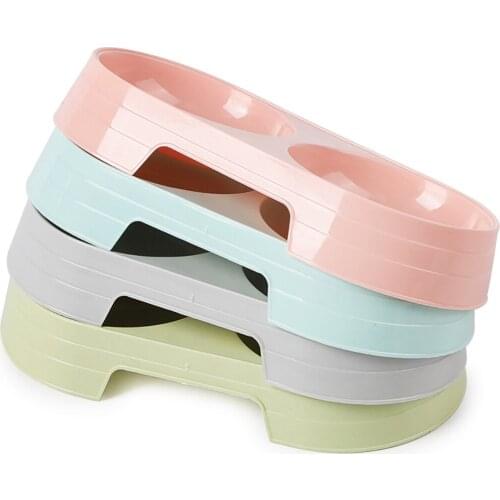Colorful Plastic Pet Double Bowls Creative Easy To Clean Bowl Pet Food Water Feeder Dog Cat Bowl Pet Feeding Supplies