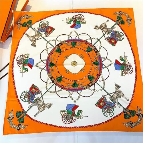 Handmade Curled 90cm Square Scarf Foulard Bandana Brand Hijab Scarf Women 2020 Twill Silk Shawl New Design Carriage Head Scarf