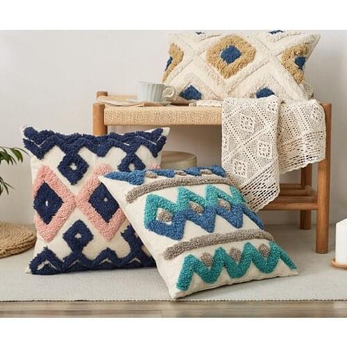 Moroccan Style Cushion Cover Tuft Handmade Pillow Cover 45x45cm/30x50cm Teal Pink Navy For Sofa Bed Grey Ivory Diamond Stripe