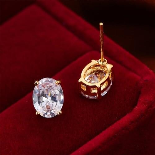 Simple Female White Crystal Stone Earring Rose Gold Silver Color Stud Earrings For Women Charm Bridal Oval Small Wedding Earring