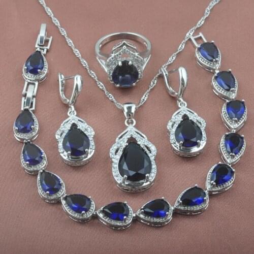 Luxury Water Drop Jewelry Sets Blue Zirconia Birthstone Women Wedding Setting European Wedding earring and necklace sets YZ0308