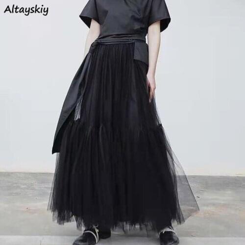 Mesh Skirts Women Ankle-length Patchwork Ball Gown Korean Style Chic Trendy Gothic Medieval Streetwear Mujer Faldas Slim Spring