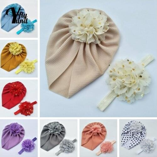Yundfly Lovely Dots Chiffon Flower Hat and Elastic Headband Set Fashion Handmade Floral Newborn Caps Baby Headwear Birthday Gift