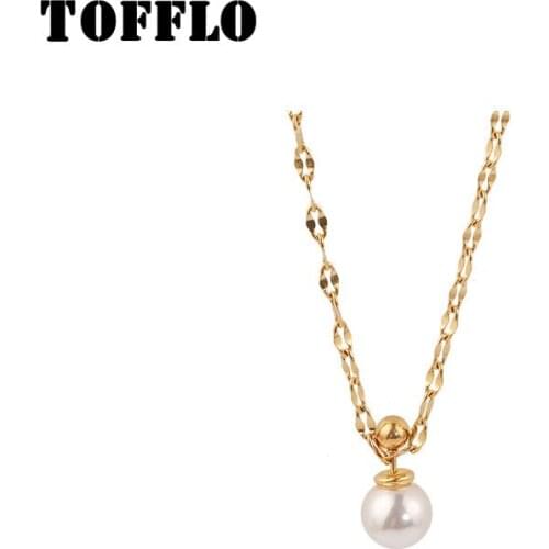 TOFFLO Stainless Steel Jewelry Water Ripple Chain Pearl Necklace Simple And Elegant Female Clavicle Chain BSP497