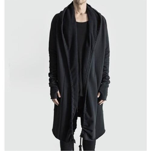 Knit Cardigan Mens Jacket Unisex Hooded Long Frayed Drawstring New Autumn and Winter Pure Cotton