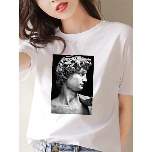 Ulzzang Harajuku Funny Black and White Drawing David Print Short Sleeve T-Shirt Large Size Loose O-neck Casual Women T-Shirt