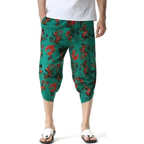 Green Mens Trousers New Linen Calf-Length Print Pants Men Hawaiian Baggy Harem Pants Casual Breathable Harajuku Streetwear