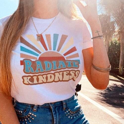 Radiate Kindness Vintage Rainbow Letters Printed Tshirt White Cotton Short Sleeve Graphic Tees O Neck Summer Causal Women tShirt