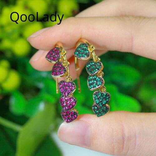 QooLady Fashion Gold Color Half Round Hot Red Cubic Zirconia Stone Lovely Heart Hoop Earrings for Women Party Jewelry Gift E207