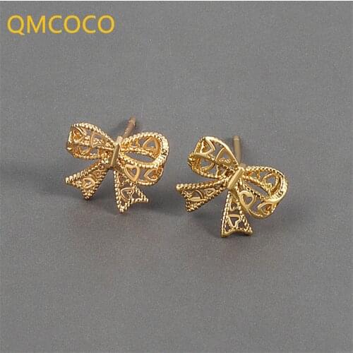 QMCOCO 925 Silver Stud Earrings For Women Elegance Smooth Surface Simple Accessories 2021 New Trend Bowknot Bride Jewelry Gifts
