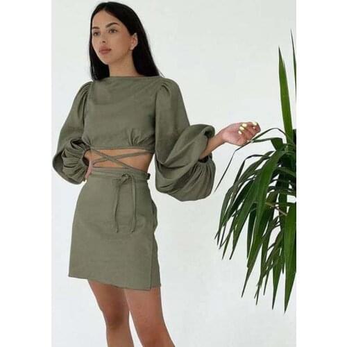 2021 Autumn New Ladies Suit Lantern Sleeve Sexy Halter Lace-up Long Sleeve + Commuter Skirt Slim Thin Woman Two-piece Suit WF56