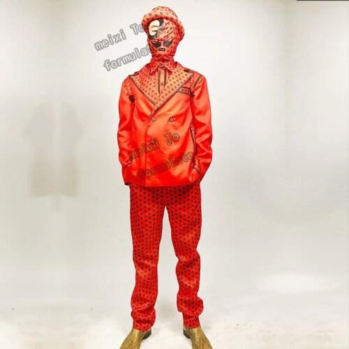 Circus theme red wave point suit A + pants + sleeveless shirt + hat + mask bar nightclub concert singer dancer costume
