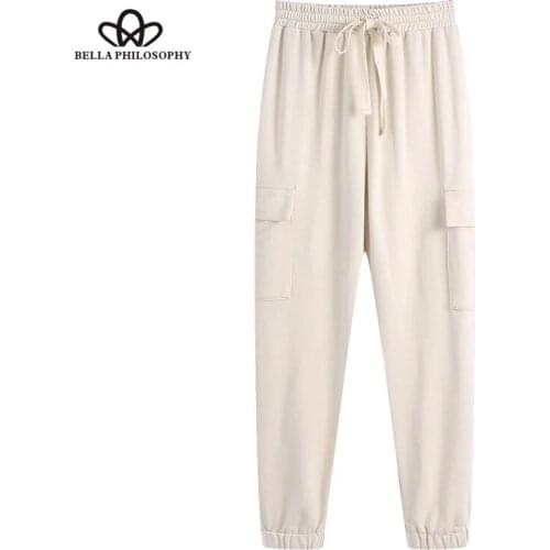 Bella Philosophy New Women Fashion Tracksuits Cropped Sweatshirt High Elastic Waist Drawstring Cargo Pants Side Pockets Chic Set