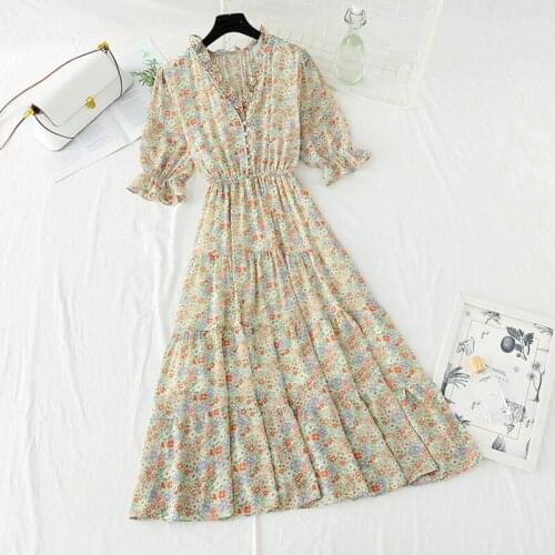 2021 Summer Dress Sweet Floral Print Short sleeve Chiffon Dresses For Women High Waist Midi Elegant Office Lady Party Vestidos