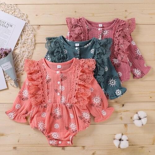 Baywell Spring Autumn Newborn Baby Girls Cotton Linen Lace Floral Bodysuits Infant Girl Long Sleeve Print Jumpsuits Clothes