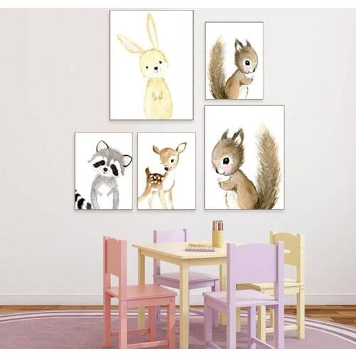 Nursery Woodland Wall Art Rabbit Deer Canvas Painting Baby Animal s and Prints Neutral Squirrel Pictures for Living Room